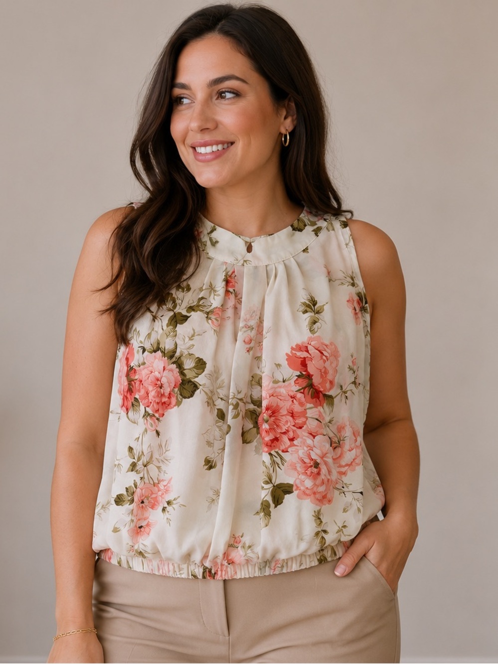 Sleeveless Floral Halter Blouse - Cream with Pink Roses